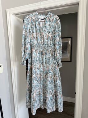 Tiered Smocked-Waist Maxi Dress in Blue & Peach by Unknown Brand